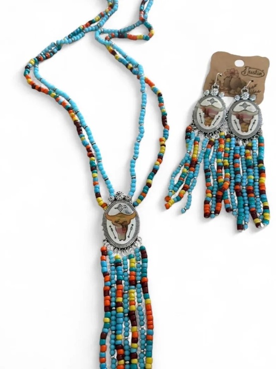 Justin Boots Jewelry - Justin Boots Turquoise Multi-Color Beaded Fringe Necklace and Earrings Set